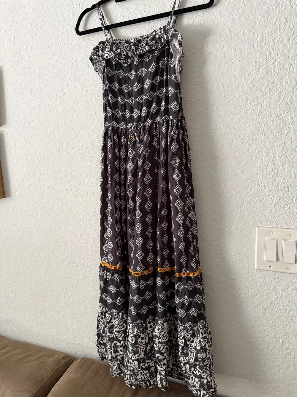 Cat & Jack Black and White Patterned Maxi Dress with Yellow Fringe  - 14/16